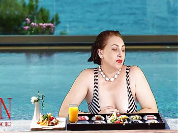 Regina Noir. Tits teasing at swimming pool. Nudist hotel. Nudism outdoors. 1